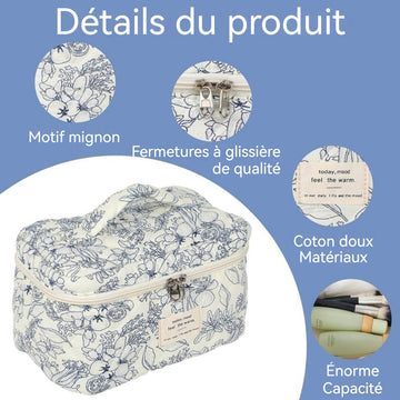 Trousse de toilette 3 pcs de Voyage Pour Femmes Volume élevé Motifs bleus élégants Matière coton À zip Trousse de Maquillage